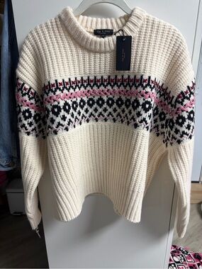 Anthropologie Cream Fair Isle Crewneck Sweater with Pink & Black Pattern